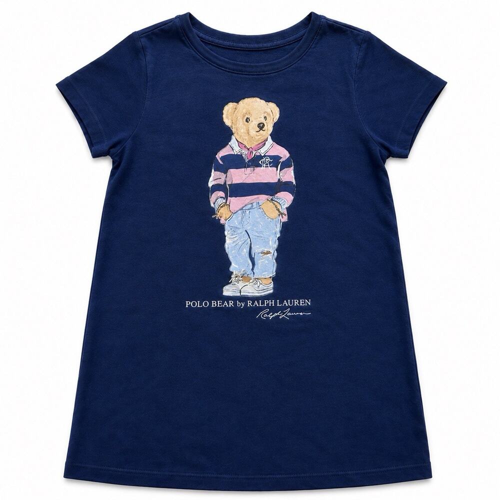 Polo Ralph Lauren Girls Polo Bear Navy Blue Cotton T-Shirt Dress Size 4T Preppy